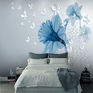 Wallpapers Hand-painted Jane Paper Blue Aesthetic Flower Art Background Wallpaper Wall Cloth Bedroom Painting Seamless Custo