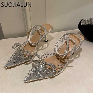 Suojialun mode sandaler 2022 Brand Crystal Sier Women Sandal Thin High Heel PVC Transparenta Ladies Elegant Dress Pumps 45e6