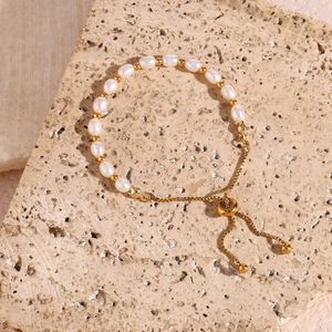 Link Chain Gold Color Beads Freshwater Pearls Blandade justerbara rostfritt stålkedja armband Bangles för kvinnor Eleganta damsmycken G230208