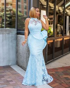 2023 Prom Dresses for Black Girls Light Blue Long High Neck Illusion Full Lace Peplum Birthday Party Dress Mermaid aftonklänningar ärmlös