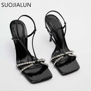 Marca de sandália moda feminina nova suojialun sandálias bling cristal banda estreita banda feminina sapatos de gladiador