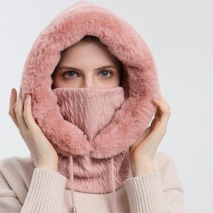 Mützen Beanie/Totenkopfkappen Winter Pelzmütze Maskenset Mit Kapuze Für Frauen Gestrickter Kaschmirhals Warm Russland Outdoor Ski Winddichte Mütze Dicker Plüsch