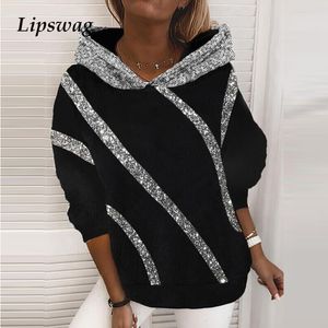 Kobiety z bluzy bluzy jesienne mody cekiny dla kobiet z kapturem bluza wiosna swobodne topy z długim rękawem pullover harajuku żeńska patchwork 230208