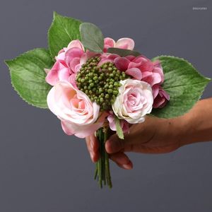 装飾的な花シミュレーションパープルアジサイローズバンチ偽の花の結婚式の花嫁を保持するブーケシルクホームデコレーションバラ