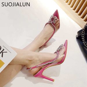 Suojialun Sandal Women Sandals Fashion Crystal Bling Ladies Slingback PVC Thin High Heel Party Dress Shoes T230208 669