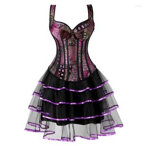 Bustini Corsetti Showgirl vittoriana da donna Corsetto gotico Gilet con gonna a palloncino Abito rinascimentale in broccato con lacci Viola