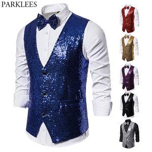 Mens Vests Shiny Royal Blue paljettklänning Men Slim Fit V Neck Glitter Tuxedo Waistcoat Wedding Party Stage Prom Vest With Bowtie 230209