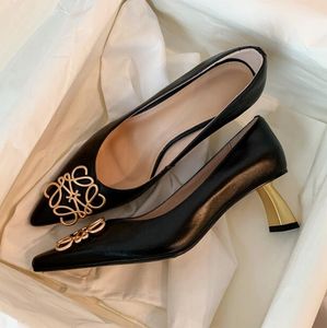 Women luxurious high heel shoes genuine leather Sequined Buckle black work chunky heel 5.5 cm comfortable pointed toe Fashion Loafers Party brand night club shoes