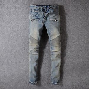 Men's Jeans European High Street Fashion Men Slim Fit Retro Yellow Blue Hip Hop Denim Pants Hombre American Streetwear Biker MenMen's