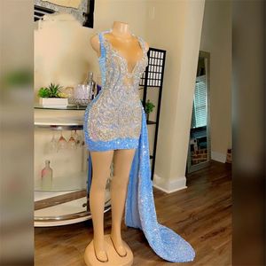 Blue Sequins Short Sparkly Prom Dresses 2023 Sexy Sheer Neck Crystal Beads Party Gowns Tail Homecoming Robe De Bal