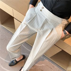 Calça masculina masculino vestido de estiramento treto slim lisado listrado butique formal moda moda tornozelo calça 230209