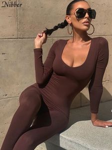 Kvinnors jumpsuits Rompers Nibber Basic Bodycon Jumpsuit för kvinnors kläder Casual Brown Fitness Rompers Y2K PlaySuit Activity Streetwear Overalls 230209