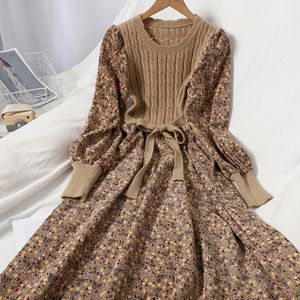 Sukienki zwykłe sztrukoi kwiatowe kobiety sukienki w stylu vintage dzianin patchwork vestidos de mujer słodka koreańska długa sukienka A-line 230209