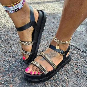 Sandals Summer Women Fashion Outdoor Open Toe Female Casual Elegant Gold Chain Buckle Strap Ladies Flat