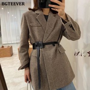 Feminino blazers bgteever outono inverno vintage houndstooth lã blazer jaquetas para mulheres com cinto duplo fêmea fora de roupa com cinto 230209