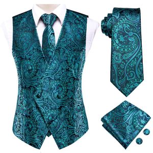 Mens Vests Novely Slim 4pc Vest Slips Hanky ​​Cufflinks Silk Waistcoat Neck Tie Set For Suit Dress Wedding Paisley Floral Fat 230209