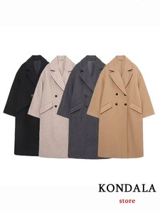 Women s Knits Tees KONDALA Women Autumn Winter Thick Wool Long Coats Vintage V Neck Sleeve Pockets Jackets Fashion 2023 Elegant Female 230208