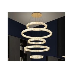 Lampadari Villa Soffitto alto Lusso Anello di cristallo K9 Led Lampada a sospensione dimmerabile Rotonda Oro / Acciaio cromato Lampada Deco Illuminazione Drop D Dhiwz