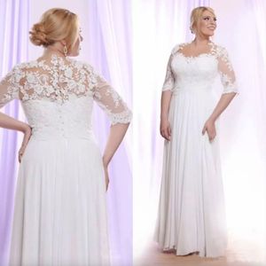 White Lace Plus Size Wedding Dresses With Sleeves Sheer Bateau Neck A Line Bohemian Wedding Dress Floor Length Chiffon Beach Bridal Gowns