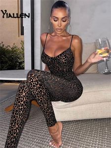 Kvinnors jumpsuits Rompers Yiallen Autumn Fashion Leopard Print Sexig V Neck Skinny Jumpsuits Women Sleeveless Backless Workout Female Rompers Activewear 230209