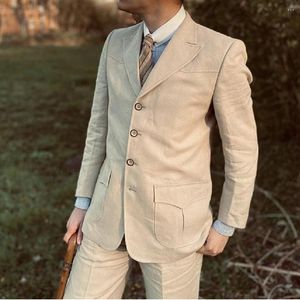 Men's Suits Ivory Linen Men 2 Pieces Single Breasted Groom 3 Buttons Man Pants Suit Business Wedding Blazer (Jacket Pants)