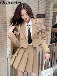 Two Piece Dress Enland Style Short Jacket Suit Pleated Skirt Set Women High Quality Diamond Bowknot Blazer Mini 2 Sets 230209