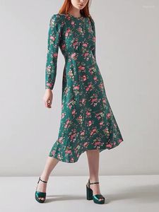 Casual klänningar Silkkvinnor O-halsrockar Kort framkant Långt bakre blommigt tryck Vintage Sleeve Kvinna 2023 Autumn Midi Dress