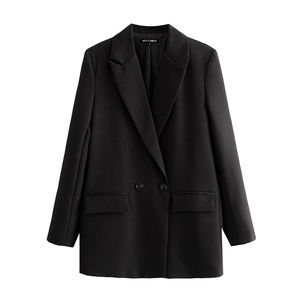 여성 정장 블레이저 여성 블랙 패션 사무실 착용 이중 가슴 코트 빈티지 긴 소매 포켓 여성 겉옷 세련된 탑 230209