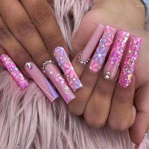 False Nails 24pcs Wearable Ballet Purple Flower Stripe French With Glue Fake Press On Acrylic Full Cover Stick