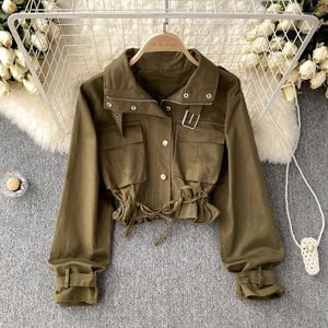 Women's Jackets Denim Short Coat Women's Autumn Drawstring Pocket Long Sleeve Jacket Top Fashion Blusas Mujer De Moda 2023