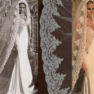 Bridal Veils White Ivory Long Veil With Comb One Layer Cathedral Wedding Appliqued Full Lace Edge Velos De Noiva 3Meter