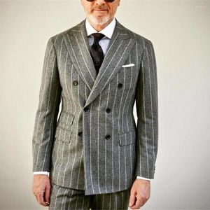 Men's Suits Vintage Business Slim Fit Grey Stripe Double Breasted Blazer Set Formal Male Fashion 2 Piece Groom Men Wedding Tuxedo