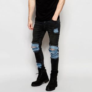 Jeans masculinos magros magros angustiados rasgados jeans de jeans leves calças de algodão de algodão Patch streetwear moda calça