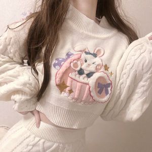 Suéteres femininos fofos de 2 peças conjuntos de pullover kawaii com mangas compridas de manga longa malha feminina alta saia