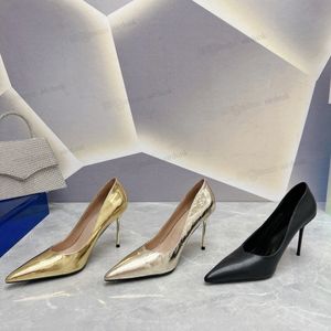 2023 من الجلد المدبب أحذية رفيعة عالية الكعب نسائي مدبب أخمصية الكعب الكهربة الحذاء الأسود الذهب