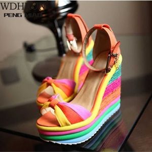 Mulheres wdhkun verão s cunhas multicolor Patchwork Peep Toe Roman Shoes Sandals Halk Salto