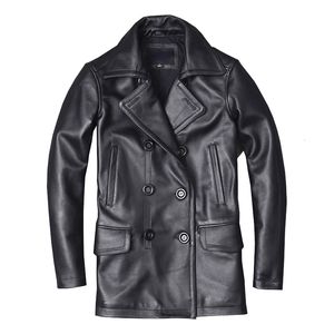 Men's Leather Faux Leather Men's Genuine Leather Jacket Male Cowhide Overcoat Autumn Winter Business Coat Trench Style Double Breasted Clothes Calfskin 230208