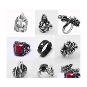 Band Rings Punk Gothic Retro Male Open Ring Skl Dragon Compass Angel Demon Animals Vintage Sier Color Men Jewelry Drop Delivery Dhx5E