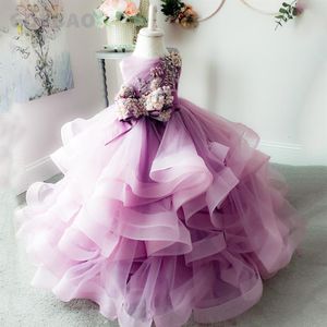 Girl Dresses Amaranth Princess Lace Puffy Flower Sleeve Cute Birthday Wedding Party Baby Dress