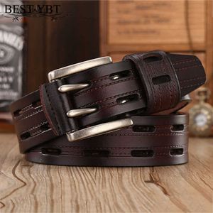 Belts Best YBT High Quality Genuine Leather Belts for Men Brand Strap Male Double Pin Buckle Fancy Vintage Jeans Cowboy Belts G230207