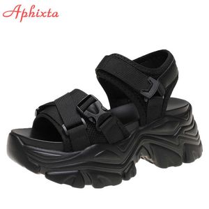 Aphixta buckle ارتفاع جديد لزيادة القماش Platfom Women 3.15 بوصة إسفين الكعب أحذية الخطاف الخطاف السميك الشرائح T230208 65A00