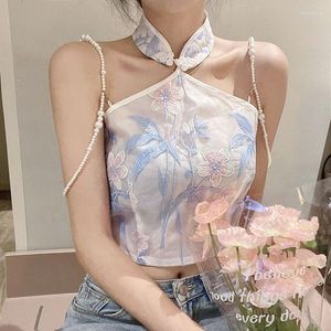 Ubranie etniczne Chińska sieć perłowa Vinta z cheongsam bez rękawów Camisole Summer Backless Fashion Qipao Top dla kobiet Sexy Retro G711