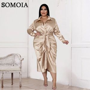 Plus size Dresses SOMOIA Reflective Silk Pleated Tie Lapel High Waist Solid Color Casual Dress Plus Size Women's Clothing Wholesale Drop 230209