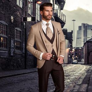 Herrdräkter 2023 Classic Beige Brown Men Suit Set Groomsmen Tuxedo Groom Wedding Custom Made (Jacket Pants Vest)