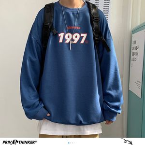 Herrtröjor tröjor privatlänk män överdimensionerade hoodies varma fleece casual tröjor harajuku 1997 tryckta män blå huvtröjor koreanska kvinnor pullovers 230208