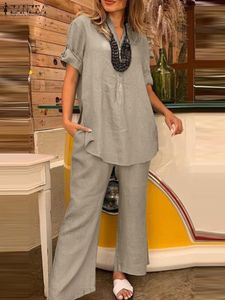 Dwuczęściowe spodnie kobiet Zanzea Summer Solid Solid pasujące zestawy bluzki z krótkim rękawem V i proste szerokie krajem Eleganckie eleganckie luźne stroje 230209