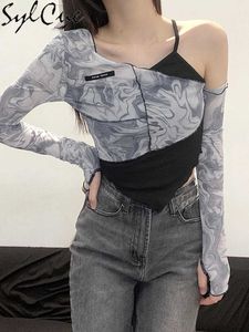 Kadınlar T-Shirt Sylcue Mesh Asimetrik Yamamoto Kol Tişörtleri Kadın Seksi Sevimli Eğim Boyun Ruffles Moda Gelgit Sonbahar Üstleri 2021 Şık Y2302