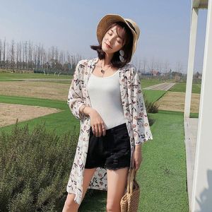 Blusias femininas de verão Floral Kimino Blouse Mid-Length Chiffon Sun Protection Cardigan Estilo coreano Roupas de camisa solta