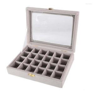 Jewelry Pouches 24 Slots Gray Glass Lid Bracelet Loose Bead Box Boxes Display Shelf