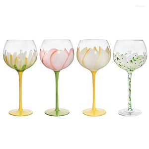 Vinglasögon vintage handmålade tulpaner Glass Crystal Goblet Champagne Home Party Drinkware Wedding Present 440ml